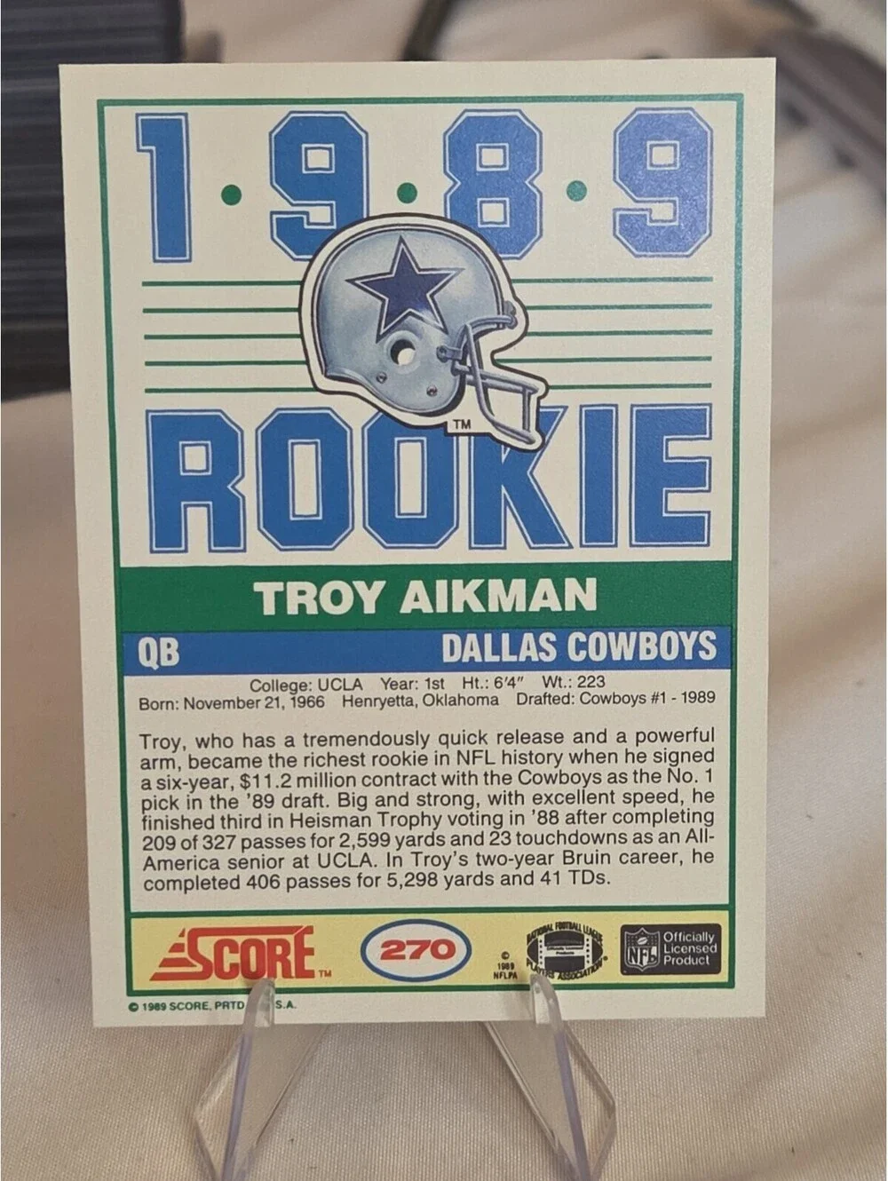 1989 Score - 1989 Rookie Troy Aikman #270 (RC) Mint Centered Cowboys HOF